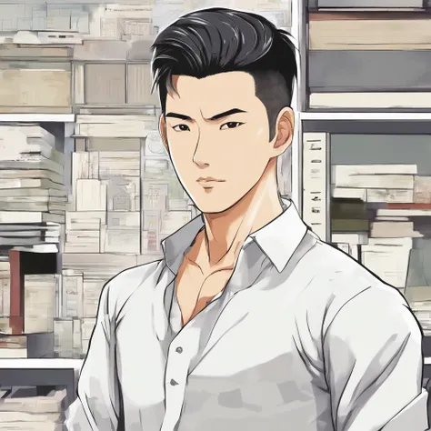 An attractive 40-year-old Chinese, Have a very well-fitting body. He has short black hair and a shaved beard. He wears a tight office uniform.