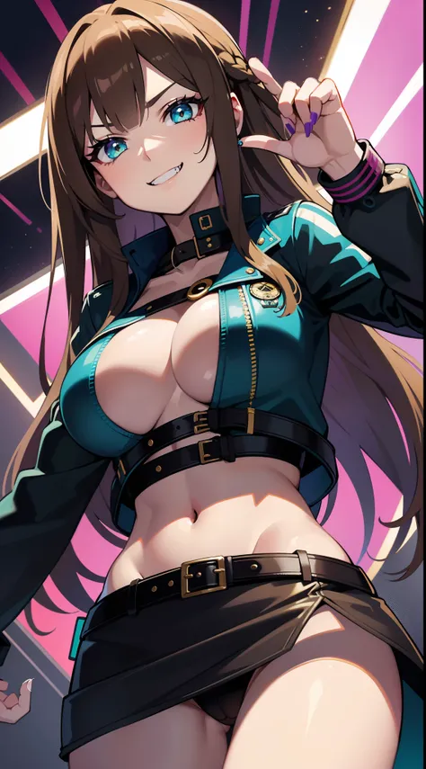 A  girl, Long brown hair, Heteroromy, left violet eye, Right Golden Eye, Turquoise cyberpunk top, leather jacket, Upskirt, open belly, open breasts, large breasts, smirk, tooth, fangs, claws, hiquality, 4k, HD, Good detail