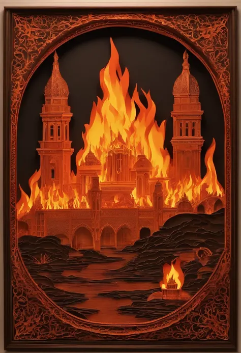 Best Quality, Top image quality, Top resolution, Intricate details, Craftsmanship, (Papercut:1.3), The work of a magician with fire magic, Ring of Fire, diablo engulfed in flames, Cutting framed paper, Museum, Protruding from the flame of the flame, Actual...