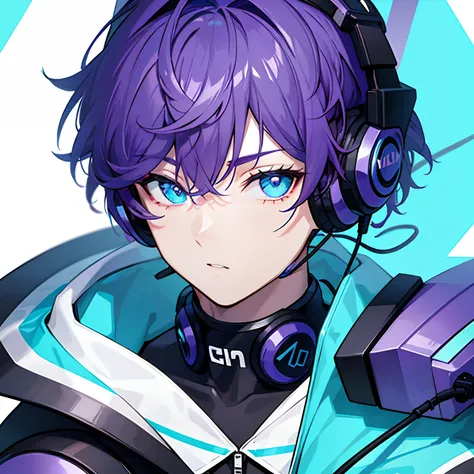 Two-dimensional esports boy with purple curly hair and cyan eyes wearing headphones