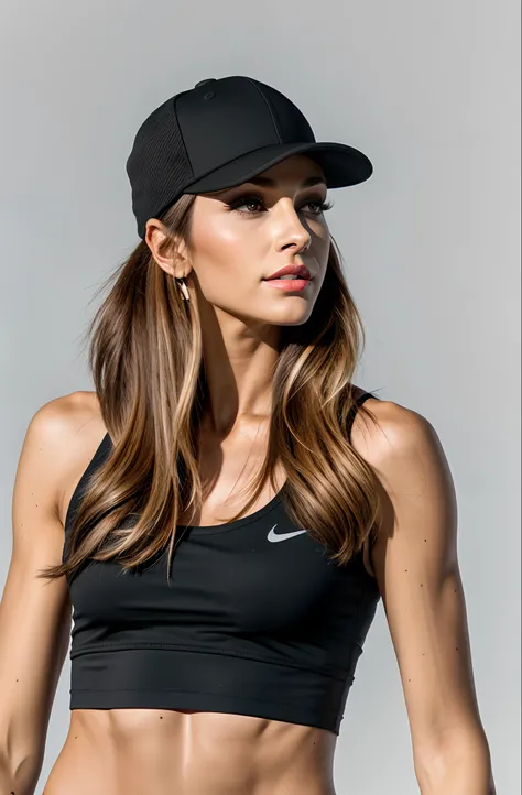 a woman wearing a black hat and a black top, baseball hat has, olhando para o lado, olhando para o lado, black hat, wearing baseball cap, Vista lateral, lado - vista, menina em forma, usando equipamento de fitness, 3/4 vista lateral, Foto de perfil lateral...