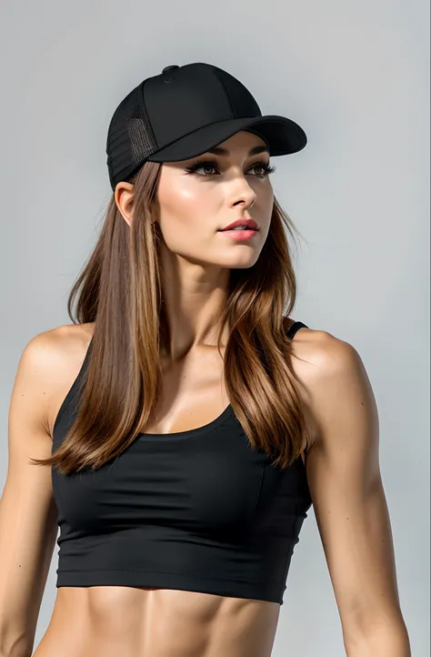 a woman wearing a black hat and a black top, baseball hat has, olhando para o lado, olhando para o lado, black hat, wearing baseball cap, Vista lateral, lado - vista, menina em forma, usando equipamento de fitness, 3/4 vista lateral, Foto de perfil lateral...