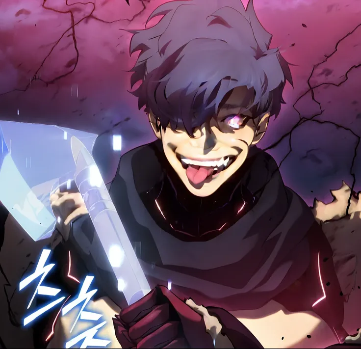 Anime characters Realistic, Purple background with thunder and fire, holding an ax in one hand,eyes glow pink, smile broadly, show teeth and stick out tongue