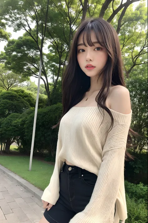 8K, Best Quality, masutepiece, Highly detailed, reallistic, girl with,  20 years old, looking hand, long dark brown hair with bangs,,,Curly hair, Green eyes, Black Japanese style cut clothes, White shorts, Wear ultra-realistic pantyhose、Bare shoulders, mak...