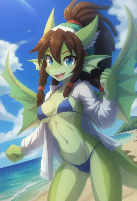 Draconic girl, brown hair, spiky hair, long dreadlocks ponytail, anime style, medium breasts, blue eyes, White jacket, open clothes, blue bikini, green draconic wings, high quality, detailed body, detailed eyes, detailed face, masterpiece, glistening body,...