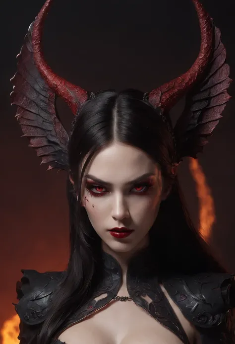 (best quality,4k,8k,highres,masterpiece:1.2),ultra-detailed,(realistic,photorealistic,photo-realistic:1.37),hot thicc succubus mama with long black hair, intense black lips, wearing a revealing black leather outfit adorned with BDSM elements. Her attire co...