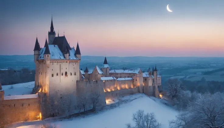 view from castle balcony, snow, night, large blue moon, cinematic scene from film, medieval Hungary