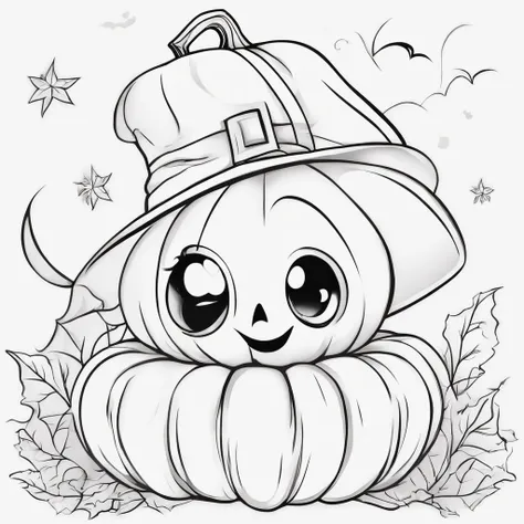 One cute pumpkin ghost, cartoon style, Line drawing background, White background, monochrome, line-drawing, ((sketch)), Kids coloring thick sharp lines..No shadows, no paint.