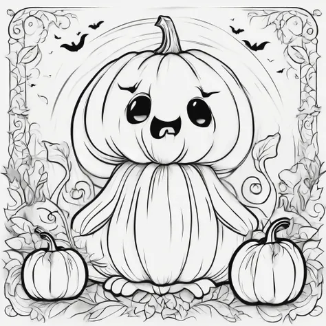 One cute pumpkin ghost, cartoon style, Line drawing background, White background, monochrome, line-drawing, ((sketch)), Kids coloring thick sharp lines..No shadows, no paint.