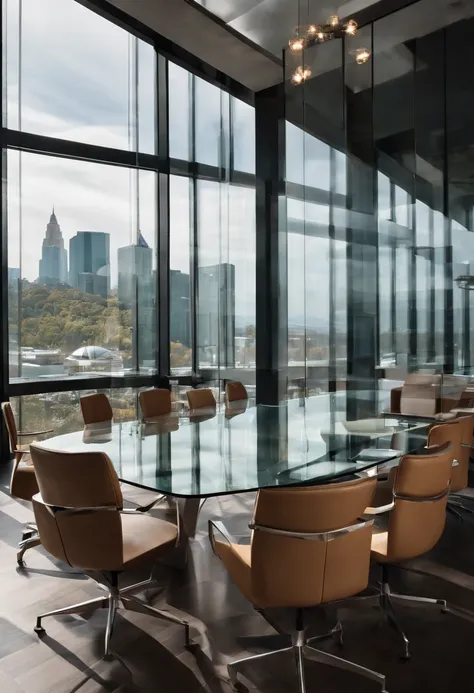 Close-up of a table，Chairs and glass walls, Meeting room office, show room scene, Clear glass wall, Glass room, Office, Modern office