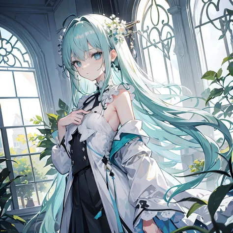 Long pale green hair scattered，，A flower is pinned to the head，Hair curtains，Two hair curtains on both sides，dual horsetail，Microvolumes，Short white off-the-shoulder sleeves cover the neck，The black thin jacket is half off to the shoulders，Moderately tall ...