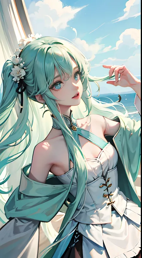 Long pale green hair scattered，，A flower is pinned to the head，Hair curtains，Two hair curtains on both sides，dual horsetail，Microvolumes，Short white off-the-shoulder sleeves cover the neck，The black thin jacket is half off to the shoulders，Moderately tall ...