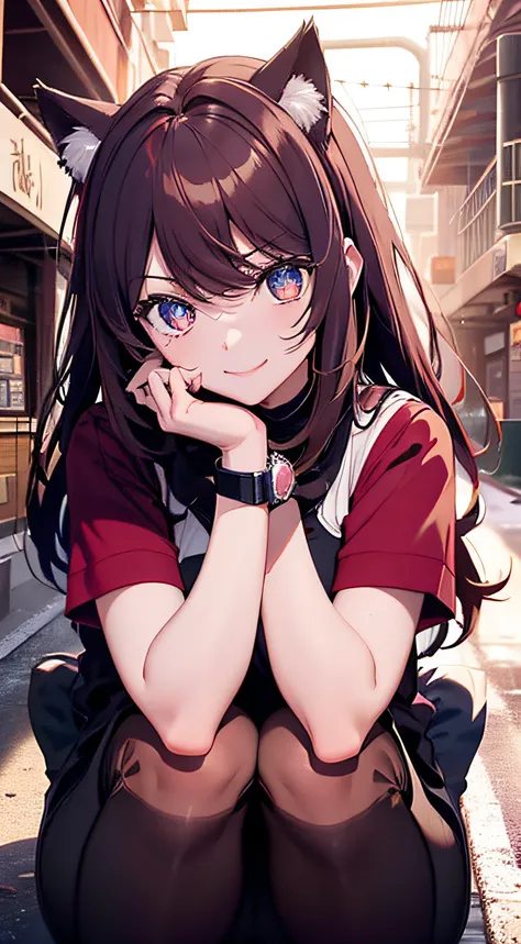 girl with、18year old、Cat Ear Cosplay、Hairstyle is semi-long、Eye color is red、Footsteps、Hair color is brown hair、White background、smiling  girl、Brown watch on left wrist、Anime style