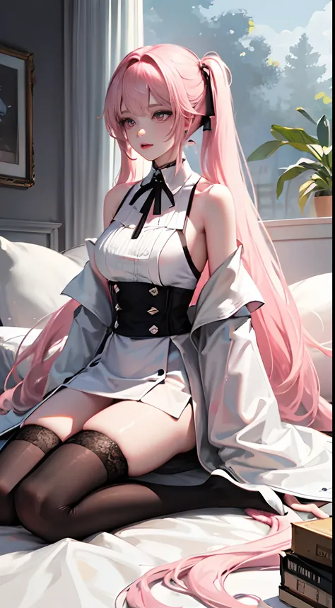 Long pale pink hair scattered，，Hair curtains，Two hair curtains on both sides，dual horsetail，Microvolumes，Short white off-the-shoulder sleeves cover the neck，The black thin jacket is half off to the shoulders，Big breasts pink eyes，，Black knee-covered skirt，...