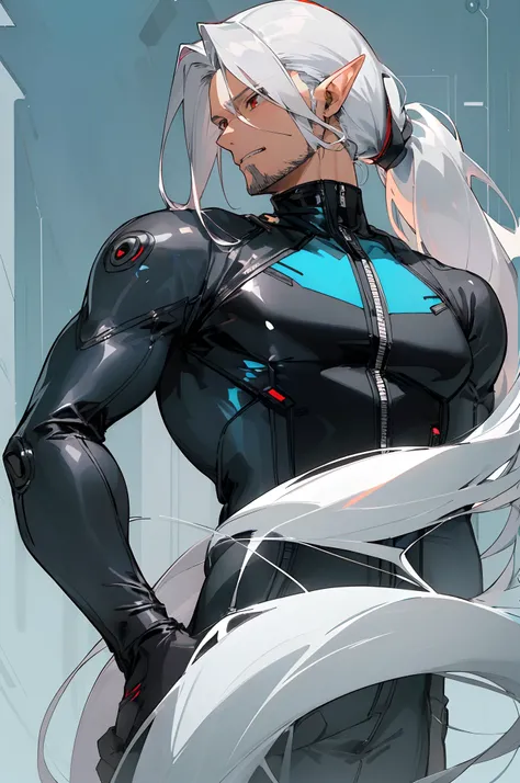 (masterpiece, best quality) detailed, 1Character , blue archive art style , wearing Black bodysuit, white accents , zip up , futuristic, shiny , Handsome man, ((gray stubble :1.1)) , red eyes , elf ears , extremely long hair , ((silver hair)) , hair in a p...