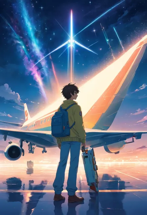 A man stands on a jet at night looking at the stars，katana swords，Flight suit，Boeing 747 aircraft，A meteor flew by，Shining starry sky，Beautiful，𝓡𝓸𝓶𝓪𝓷𝓽𝓲𝓬，High- sharpness，style of surrealism