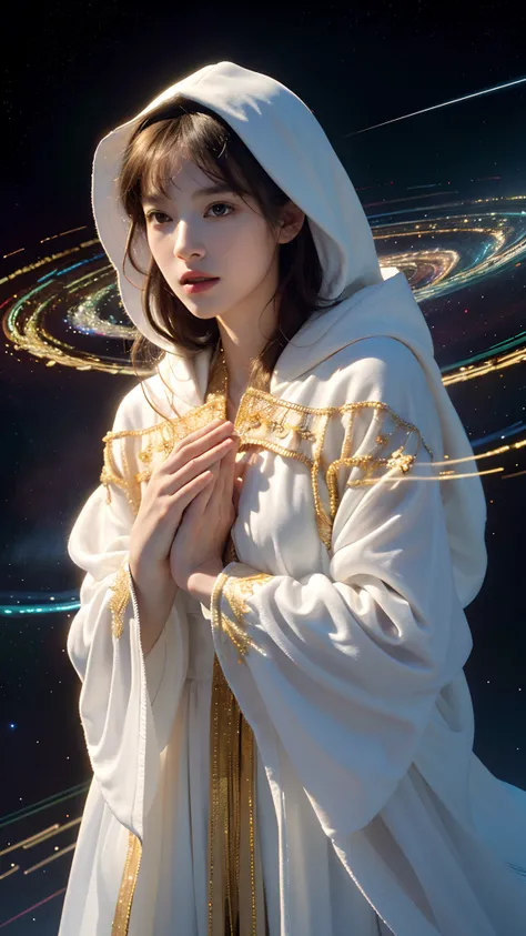 (masterpiece, top quality, best quality, official art, beautiful and aesthetic:1.2), (1girl), extreme detailed, (fractal art:1.3), colorful, highest detailed, perfect face, upper body, HDR, (praying:1.3), (white cloak golden lines:1.2), galaxy, (light stre...