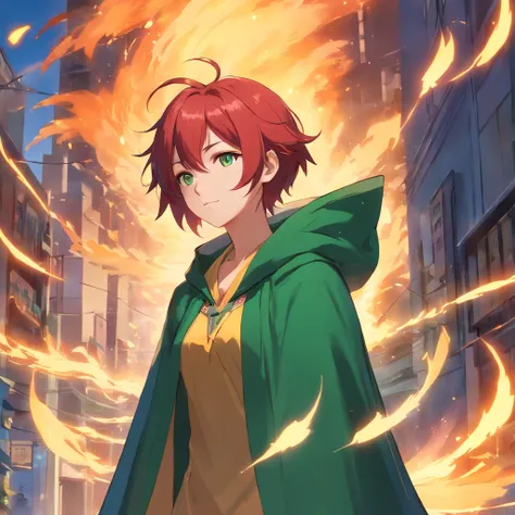 a person with red hair and a green cloak, von Yang J, Gewinner des pixiv-Wettbewerbs, Fantasy-Kunst, shrouded in flames, Der Magier, mit lockigem rotem Haar, Discord-Profilbild, An epic portrait of the Sandman, Artbook-Kunstwerk, Whimsical King of the Fair...