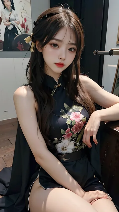 beautiful a girl、high-level image quality、Like a shot with an SLR、Sensual body、chinese clothes、Making a slit in the clothes of the thigh、Painting a work of art depicting a woman in a traditional cheongsam、Gothic lolita、Niso、knee sox、Absolute Area