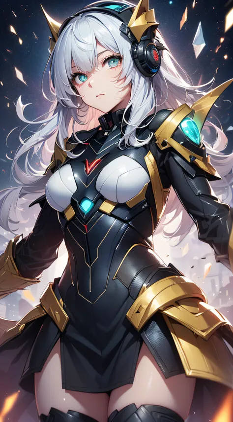 top-quality、Top image quality、​masterpiece、Android Girl((sixteen years old、 A black,And a cybersuit that glows red and white、Blue energy source for the chest,Best Bust、Bust 90、gold and silver hair、Longhaire,Cyber Skirt、Blue-green eyes、open chest wide、Valle...