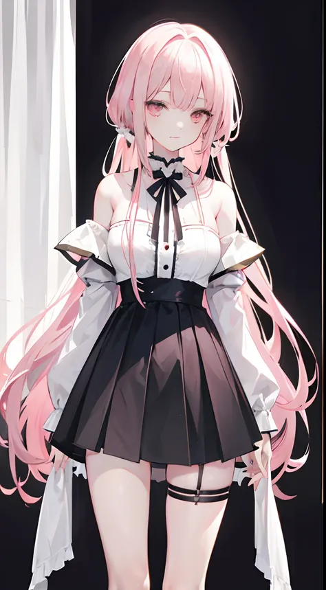 Long pale pink hair scattered，，Hair curtains，Two hair curtains on both sides，dual horsetail，Microvolumes，White off-the-shoulder short sleeves，The black thin jacket is half off to the shoulders，Big breasts pink eyes，，short  skirt，black lence stockings，His f...