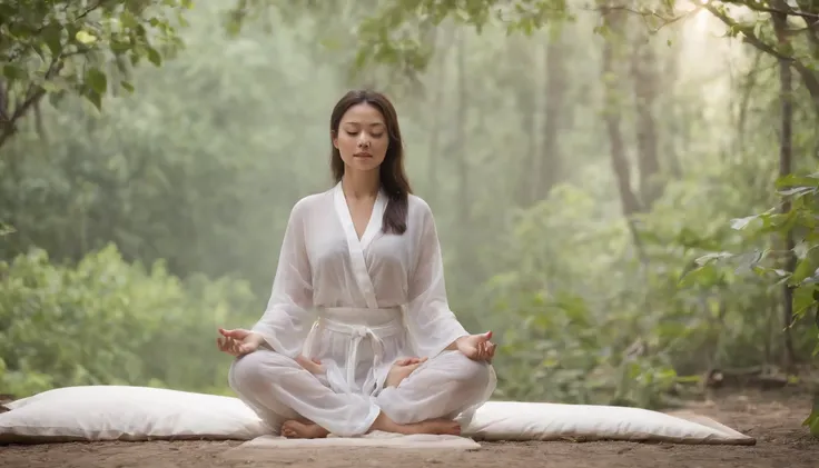 (Master Part:1.2),Best Quality,Phisif,daoist,(meditating:1.1), soio,Girl with big breasts in transparent pajamas ,Cross your legs and meditate， Sweating all over your body, cart，Transparent,RealityTied up with hair,In the woods