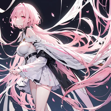 Long pale pink hair scattered，，Hair curtains，Two hair curtains on both sides，dual horsetail，Microvolumes，White off-the-shoulder short sleeves，The black thin jacket is half off to the shoulders，Big breasts pink eyes，，short  skirt，black lence stockings，His f...