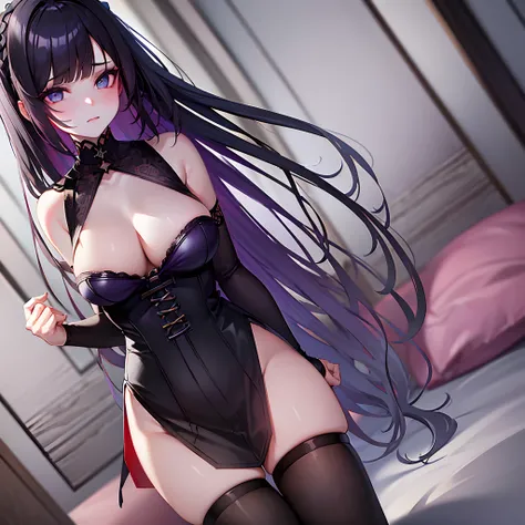 (Masterpiece, best quality, highest resolution), (1 girl, solo, goth girl, full picture, raytracing, melancholic expression, purple smokey eye makeup), (blue eyes, black hair, (red fringes), long hair), sleeveless shirt, corset, skirt, frills, glossy white...