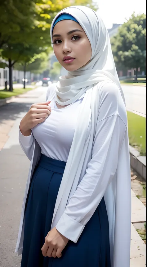 RAW, Best quality, high resolution, Masterpiece: 1.3), Beautiful Malay woman in hijab, Masterpiece, Perfect slim body, (Big breasts), Beautiful big eyes, Soft smile, Wearing a long, fine knit turtleneck t-shirt,Hair tie, morning walk, City park, Good light...