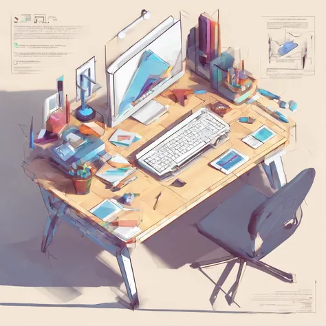 a working desk with many designer tools, a creative desk, and a technology element, there is a PC book sketches blueprint