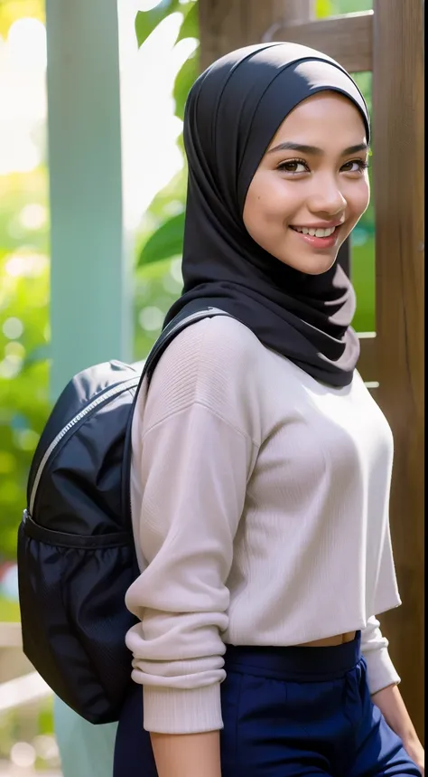 Malay girl in hijab wear big oversized loose white T-Shirt and high waist pants in soccer field, watching soccer, wear back pack, front view, detail skin, detail skin texture, mole below eyes, small breast, big hip, big waist, big thigh, slim abs, beautifu...