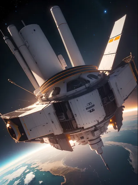 Single compact satellite, like Skylab, surrounded by empty space, cylindrical satellite in high orbit, solar panels, white satellite with protective padding, one end like a gun muzzle aimed downward at Earth, Earth far below