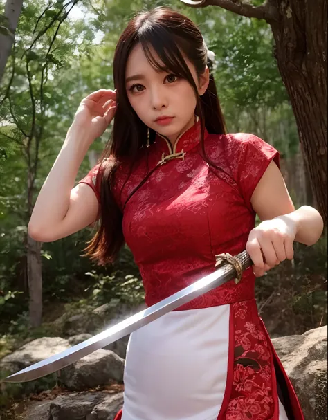 angry looking face、Hold the sword、qipao dress