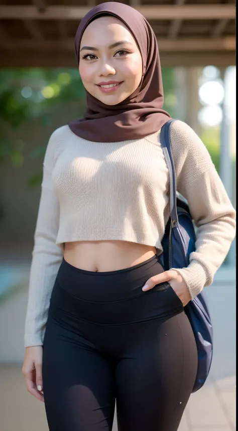 Malay girl in hijab wear big oversized loose hoodie and high waist leggings in gym, seating, wear back pack, front view, detail skin, detail skin texture, mole below eyes, small breast, big hip, big waist, big thigh, slim abs, beautiful body, evening, laug...