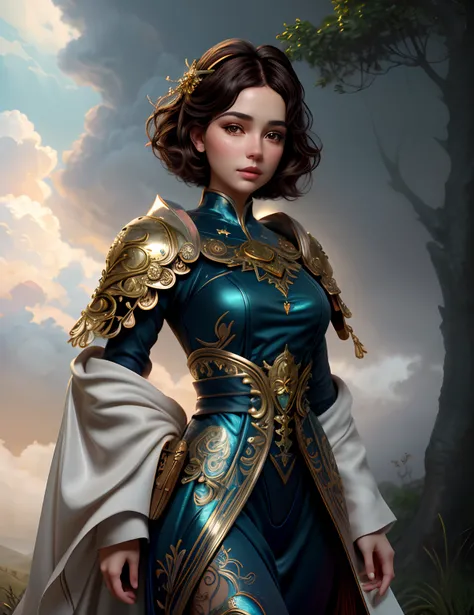 beautiful female, detailed illustration, cute, fantasy, intricate, concept art, smooth, sharp focus, proportionate features, silky hair, stylish clothing, symmetry, majestic scene, pastels, In the dark woods, there is a Pretty lady, beautifully rendered, 4...