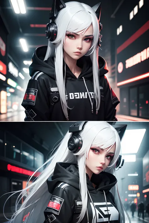 cyber punk style, Casual hoodie, long whitr hair, Danfeng Eyes, black and white manga style，Industrial punk style，Semi-mechanized，head portrait，ethnic dress，whaite hair