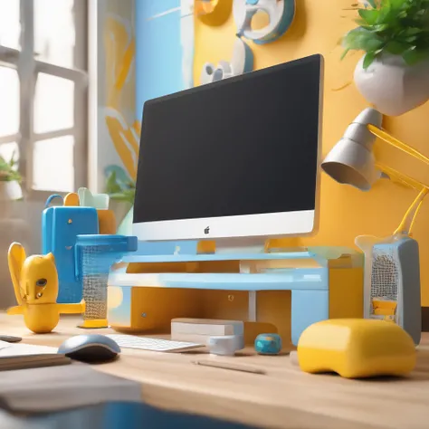 a working desk with pc, designer tools, and some toys, the screen on the PC displays mobile apps, make the style more futuristic but keeping it simple, clay render, white and blue and yellow