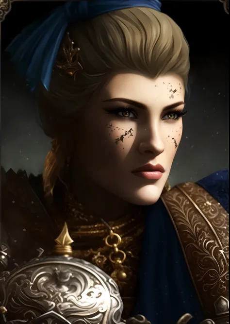 a close up of a woman in a blue dress with a sword, vigo the carpathian, imperial portrait, baldurs gate character portrait, portrait knight female, character icon, inspired by Li Kan, deiv calviz, great king of stovokor, portrait of dragoon, mother of wit...