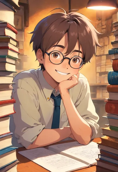 smiling boy in glasses sitting at a desk with books and pencils, wearing medium - sized glasses, student, happy kid, small and sharp pupils, wearing reading glasses, a super-smart, young commoner, slight nerdy smile, thick - rimmed glasses, jewish young ma...