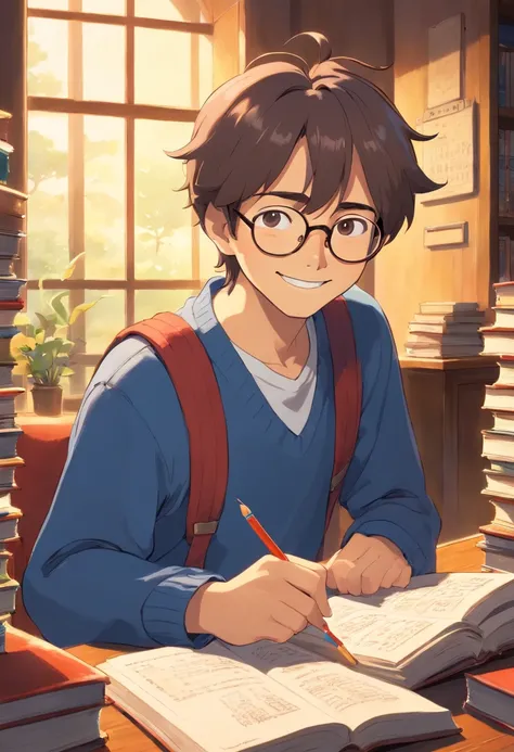 smiling boy in glasses sitting at a desk with books and pencils, wearing medium - sized glasses, student, happy kid, small and sharp pupils, wearing reading glasses, a super-smart, young commoner, slight nerdy smile, thick - rimmed glasses, jewish young ma...