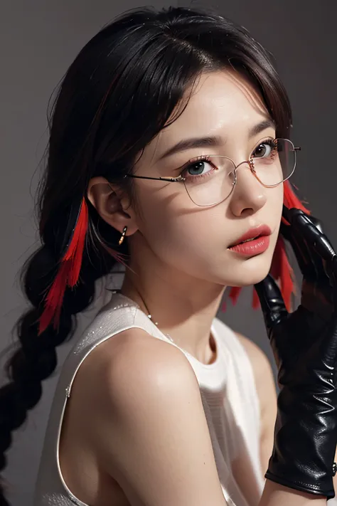 photorealistic, high resolution, 1women, mature female, solo, hips up, look at viewer, (detailed face), black hair, earrings, jewelry, red hair, multicolored hair, twin braids, glasses, ((gloves)), grey eyes, dress