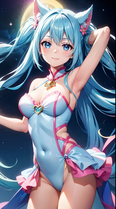 Super Idol　a beauty girl　A charming smile　sky blue hair　length hair　Twin-tailed　Glittery bright pink and white and blue and yellow leotards　facing front　Mystical　Fantasia　constellation　a moon　Crystal Brilliance　Aurora Borealis in the Night Sky