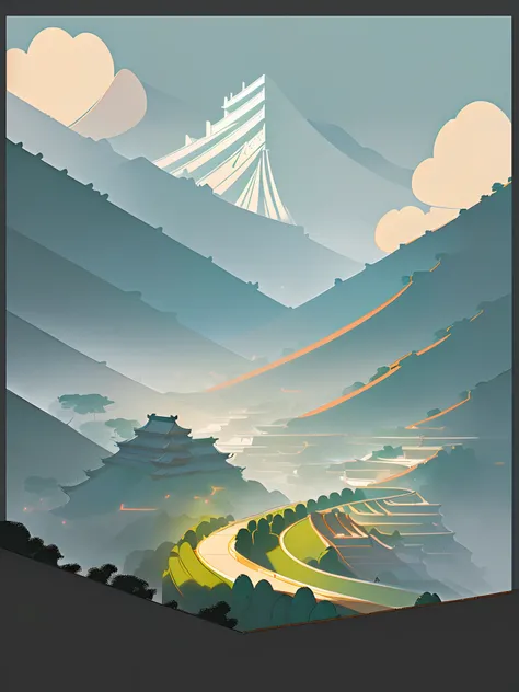 (Chinese landscape), abstract painting, (Zen, Amy Sol style), (spring, rainy days, terraces, mountains), cover art with light abstraction, simple vector art, contemporary Chinese art, color gradients, soft color palettes, layered forms, whimsical animation...