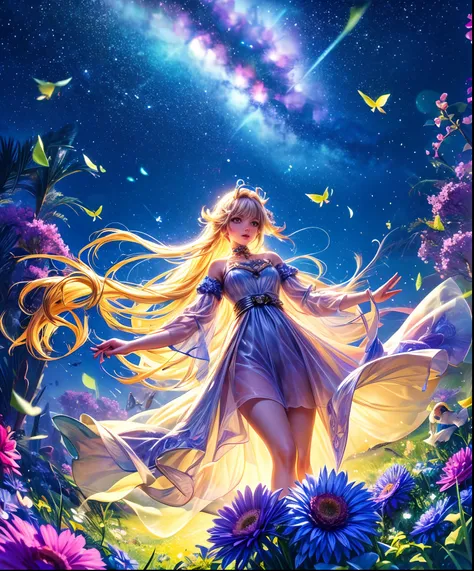 Cute girl characters、Describes a scene with grassy butterflies lying on the water flying around, Looking up at the starry sky. Surround her with colorful nebulae and her favorite constellations.