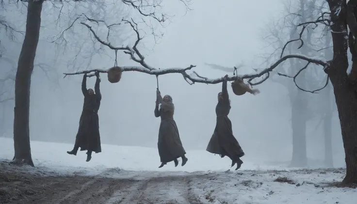 medieval hungary, three corpses swinging from trees by the dirt roadside, snow, eerie, scary, mystical, night, moon in sky, cinematic scene from film