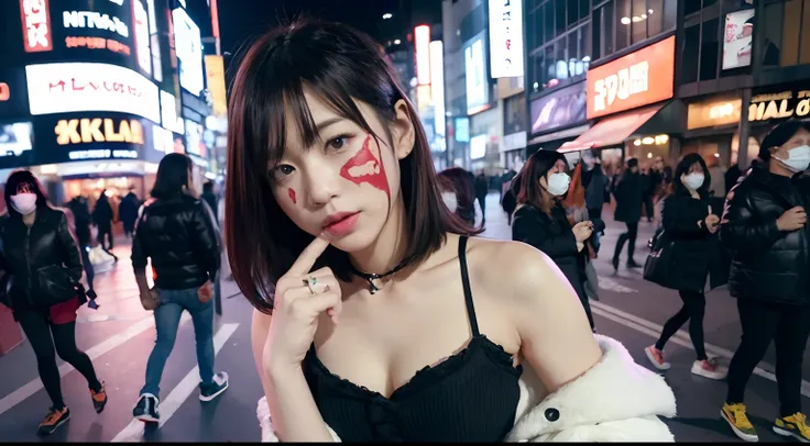 ((top-quality、8K、​masterpiece:1.3))、Photorealsitic, foco nítido, high-level image quality, hight resolution, Portrait, Solo, japanes, Beautie, Woman with blood on her face, Spicy face, Tattered costume, ２0 Age, (a small face:1.3), Bob Hair, a blond, Smalle...