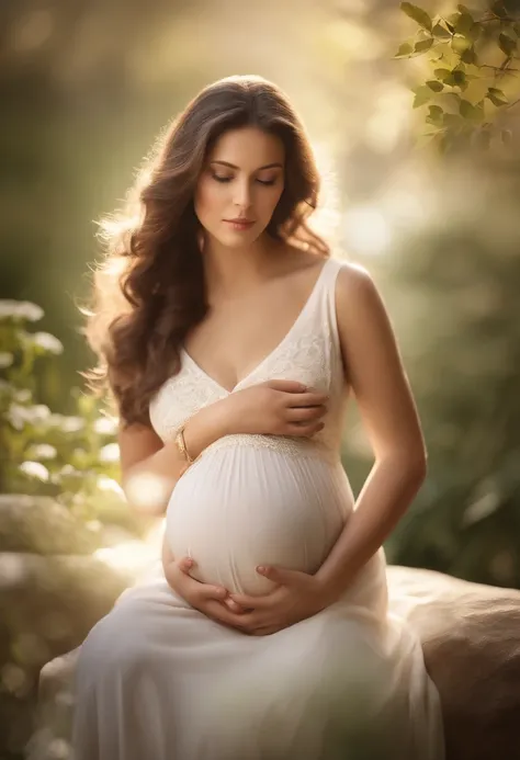 ultra-detailed, photorealistic, best quality:1.2, pregnant woman, beautiful detailed belly, dark hair, long dress, natural background, soft lighting, serene expression, gentle touch, subtle emotions, delicate texture, ethereal atmosphere, artistic maternit...