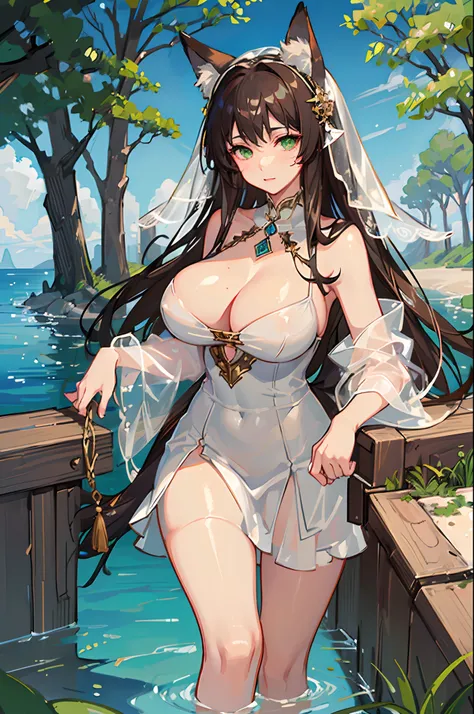 (Masterpiece, best quality, beautiful eyes, highly detailed, high res), 1girl, fox girl, fox ears, fox tail, brown hair, green eyes, mature woman, massive breasts, massive cleavage, white dress, sexy, veil, shiny skin, wet skin, water, goddess,