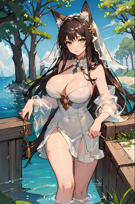 (Masterpiece, best quality, beautiful eyes, highly detailed, high res), 1girl, fox girl, fox ears, fox tail, brown hair, green eyes, mature woman, massive breasts, massive cleavage, white dress, sexy, veil, shiny skin, wet skin, water, goddess,