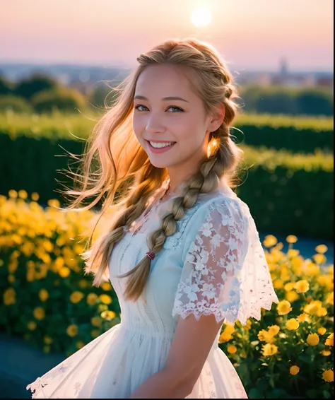 best quality, masterpiece, extremely detailed, detailed background, 1girl, solo, yellow hair, blue eyes, braid, long hair, wavy hair, fluffy hair, ponytail, french braid, blush, smile, capelet, lace trim, bodice, sunset, dusk, scenery, high place, horizon,...